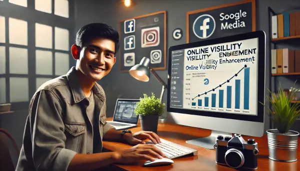 1. Pemilik bisnis kecil yang tersenyum di depan komputer, dengan grafik pertumbuhan