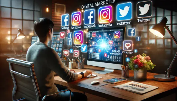 1. Seorang pemasar digital Indonesia yang bekerja di depan komputer