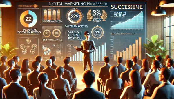 1. Seorang profesional sedang mempresentasikan portofolio klien-klien suksesnya