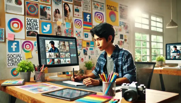 2. Proses pembuatan konten kreatif untuk media sosial, dengan seorang desainer
