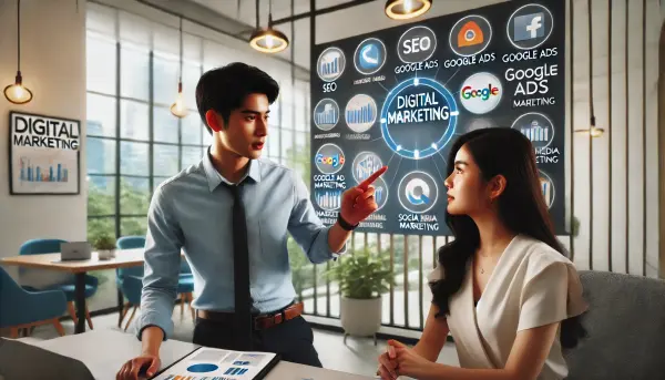 2. seorang spesialis pemasaran digital yang sedang menjelaskan strategi