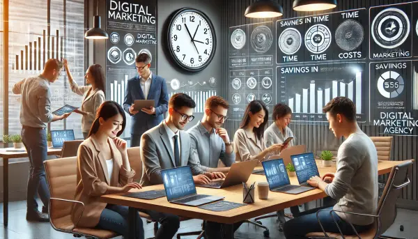 3. Tim digital marketing yang efisien bekerja dalam lingkungan kantor modern