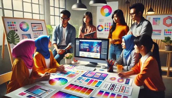 4. Tim desainer web yang sedang berdiskusi di depan papan tulis