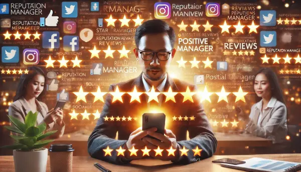 5. Tim seorang manajer reputasi yang sedang memantau ulasan di layar smartphone