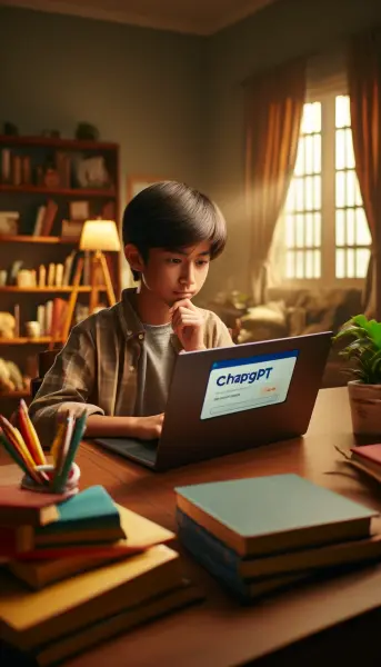 1. Laptop di meja belajarnya, dengan layar menampilkan ChatGPT