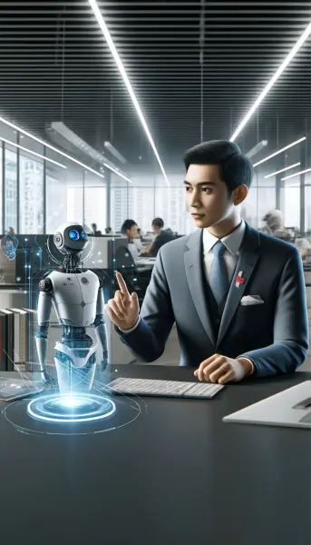 2. Seorang profesional Indonesia di ruang kerja modern yang menunjukkan penggunaan teknologi AI
