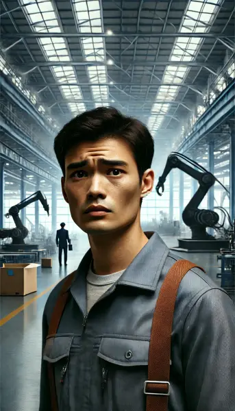 3. Seorang pekerja yang terlihat cemas atau kehilangan pekerjaan karena digantikan oleh robot