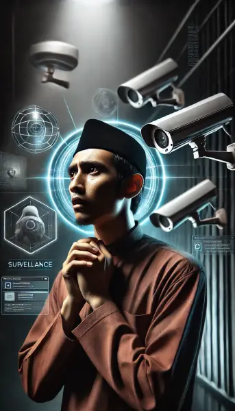 5. Seseorang yang merasa terancam atau diawasi oleh teknologi AI, seperti kamera keamanan