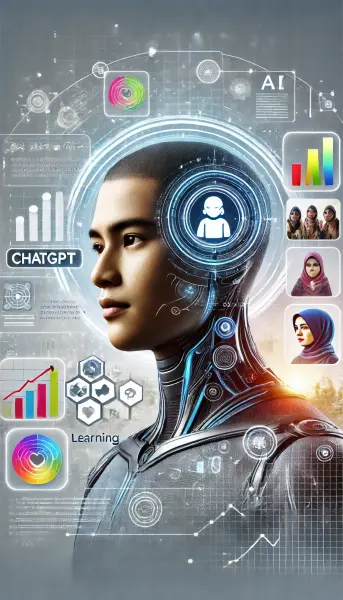 6. ChatGPT yang dikelilingi oleh grafik pertumbuhan, iklan pembelajaran, dan simbol pendidikan