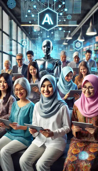 6. Sekelompok orang Indonesia dari berbagai usia yang belajar tentang teknologi AI