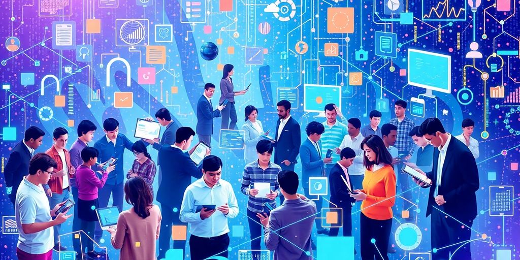 Gambar orang menggunakan teknologi dan data secara bersama