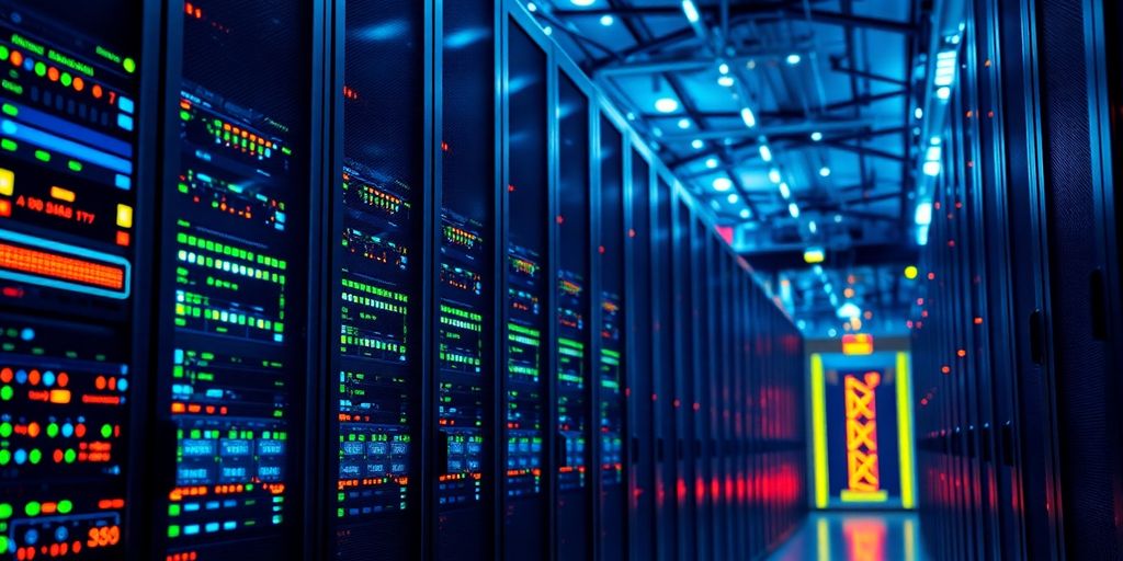 Gambar pusat data dengan server dan lampu menyala