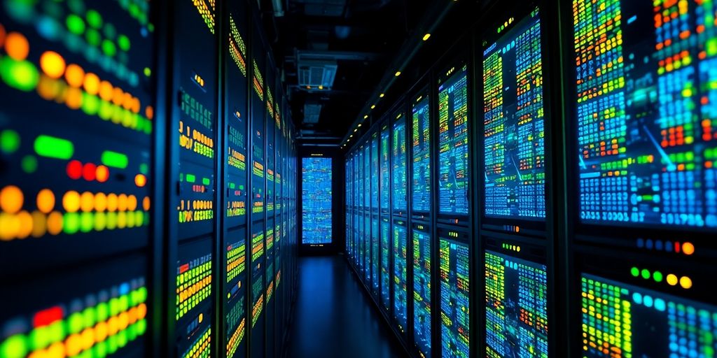 Gambar pusat data dengan server yang bersinar