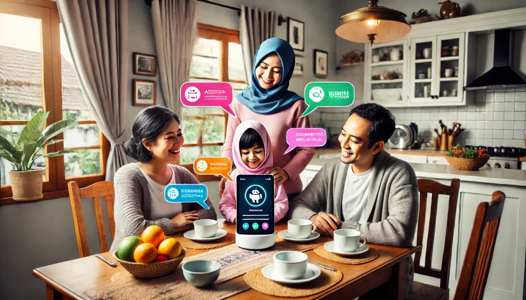 Keluarga di ruang makan, menggunakan perangkat pintar untuk berinteraksi dengan asisten virtual AI