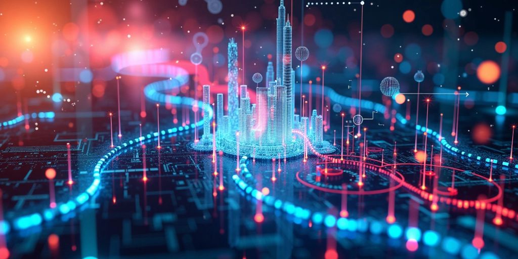 Kolase data dan jaringan digital yang kompleks