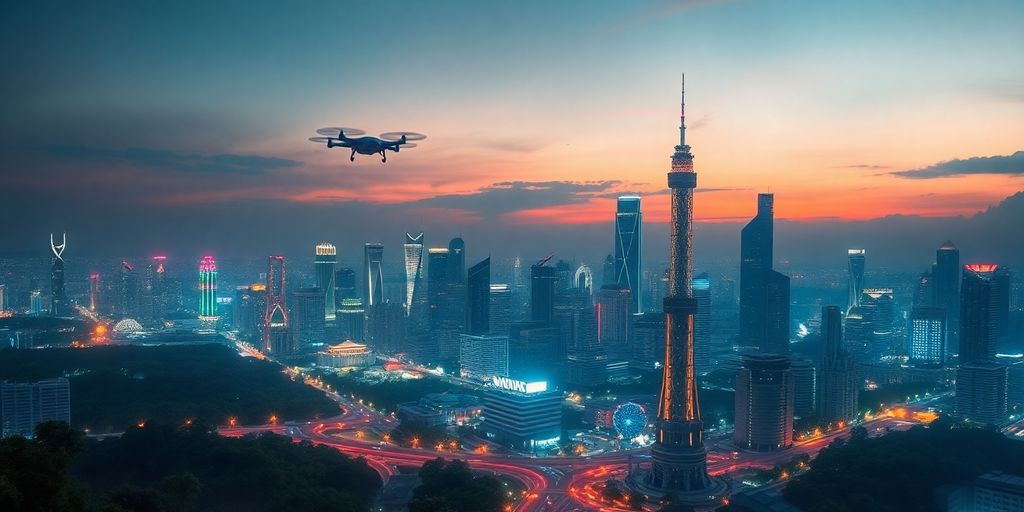 Kota futuristic dengan lampu neon dan kendaraan terbang