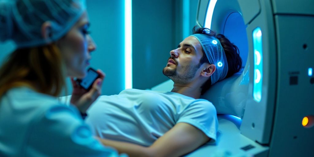 Perangkat medis futuristik memindai pasien di lingkungan steril
