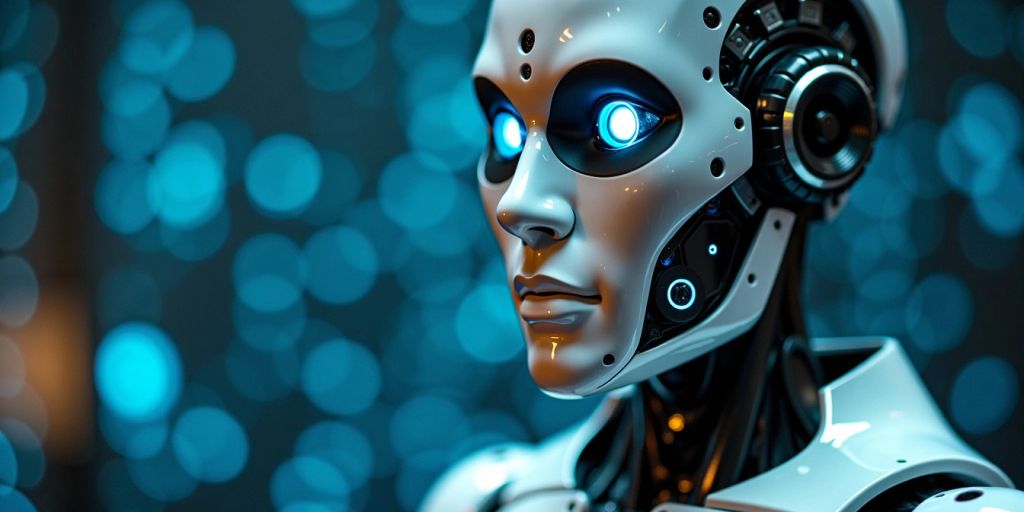 Robot humanoid dengan mata biru bersinar dan latar belakang biru
