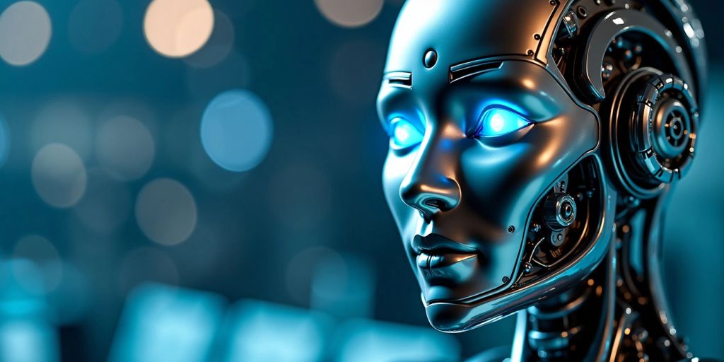 Robot humanoid dengan mata biru bersinar