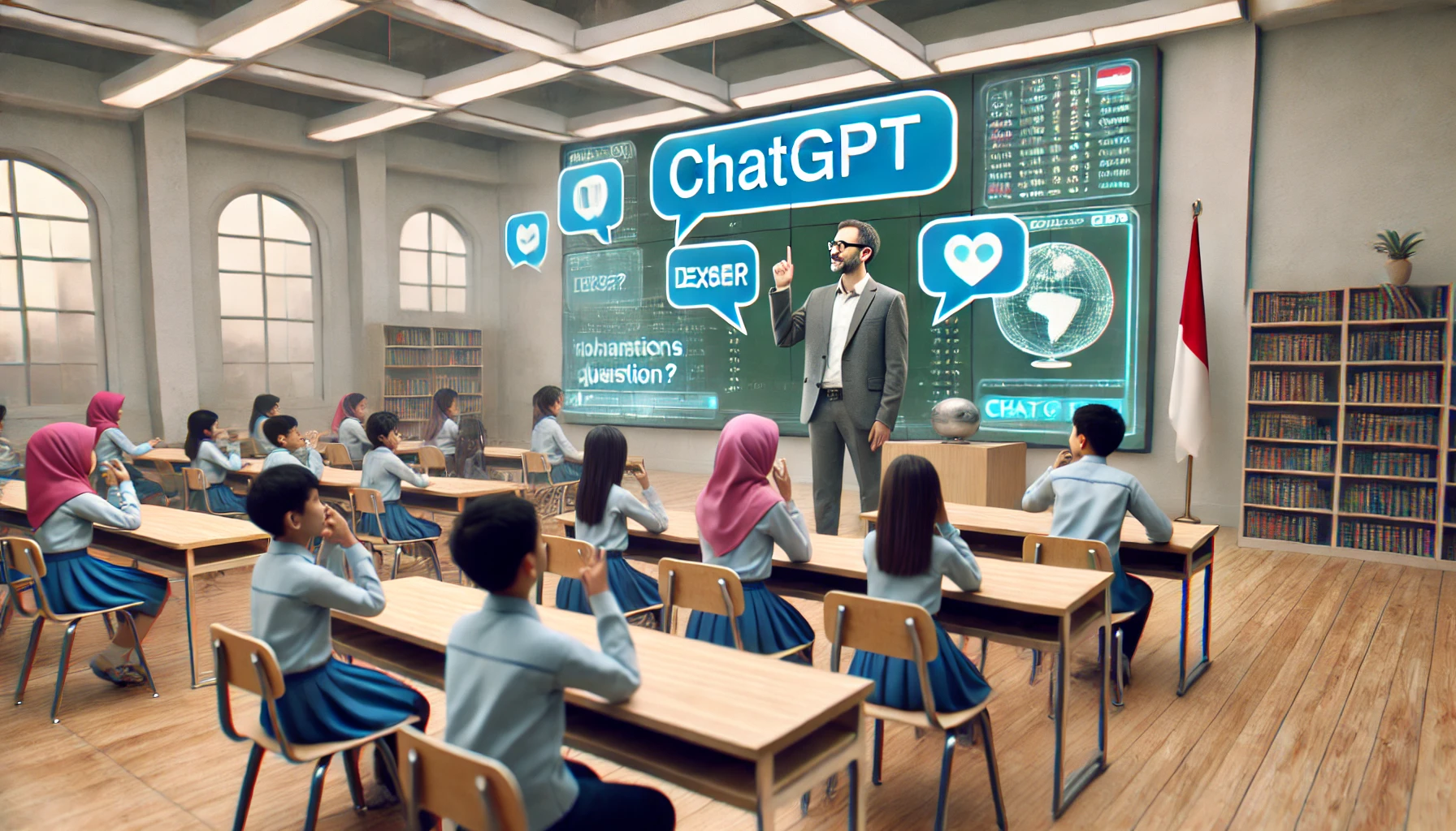 Seorang guru asli Indonesia di ruang kelas futuristik sedang mengajar dengan bantuan ChatGPT