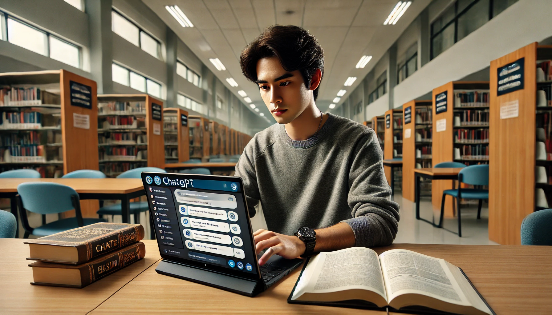 Seorang mahasiswa Indonesia sedang berada di perpustakaan, menggunakan ChatGPT di laptopnya.