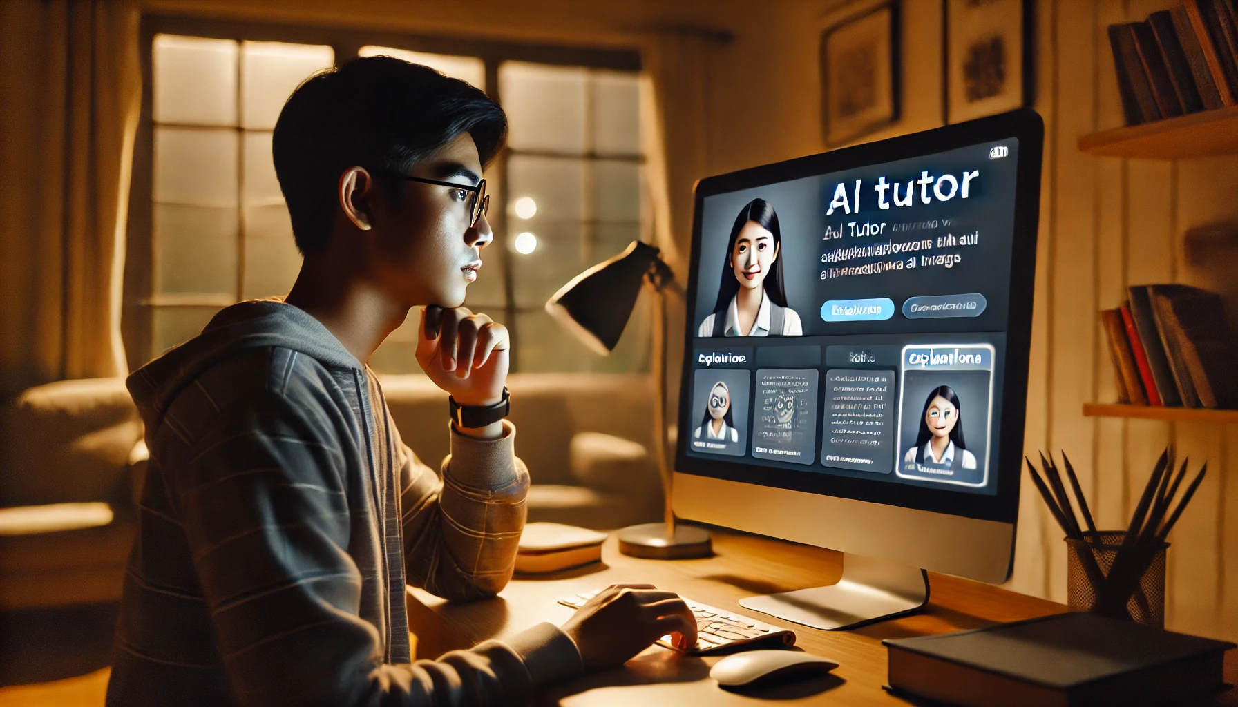 Seorang pelajar sedang belajar dari rumah di malam hari dengan bantuan AI Tutor Online