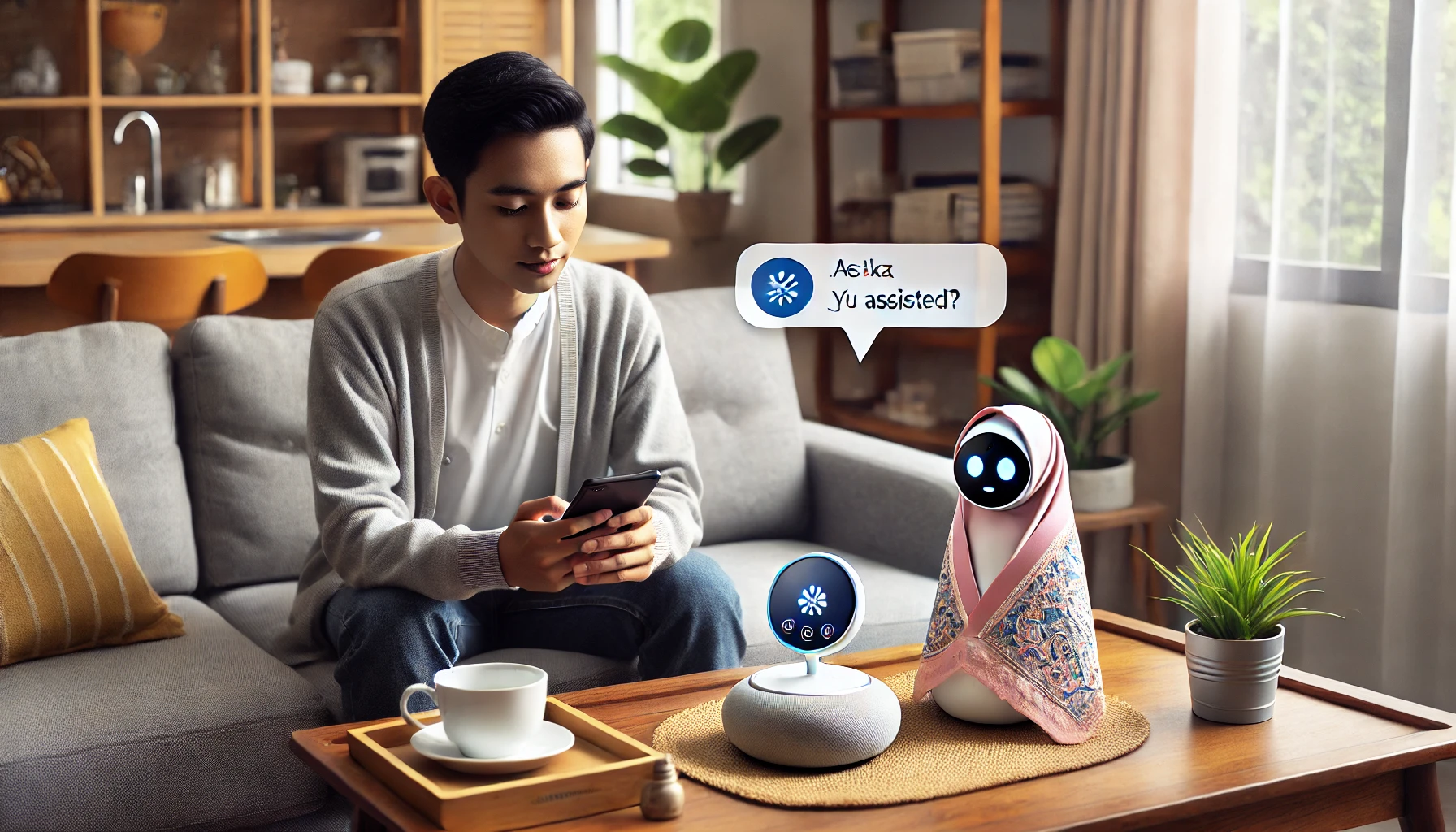 Seorang pengguna AI di ruang tamu modern yang nyaman, sedang berbicara dengan asisten virtual AI melalui perangkat pintar