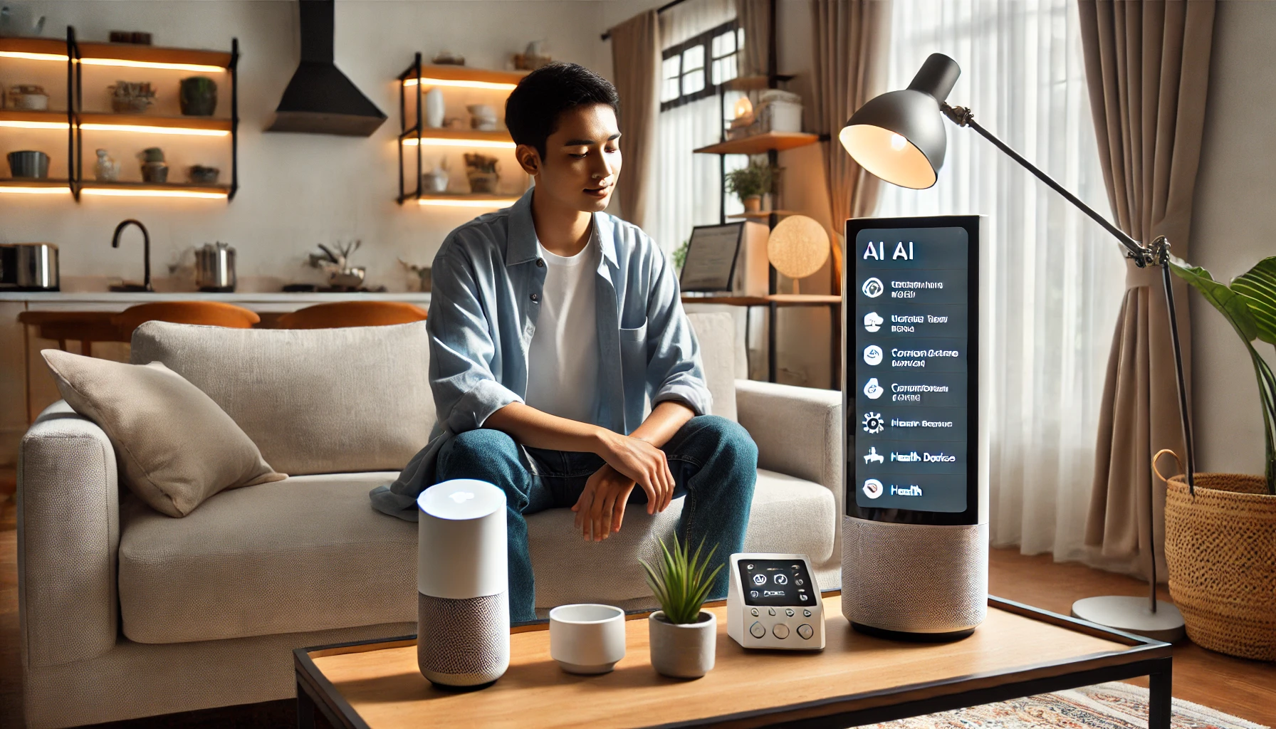 Seorang pengguna sedang menggunakan asisten AI di rumah, dengan suasana rumah modern dan canggih