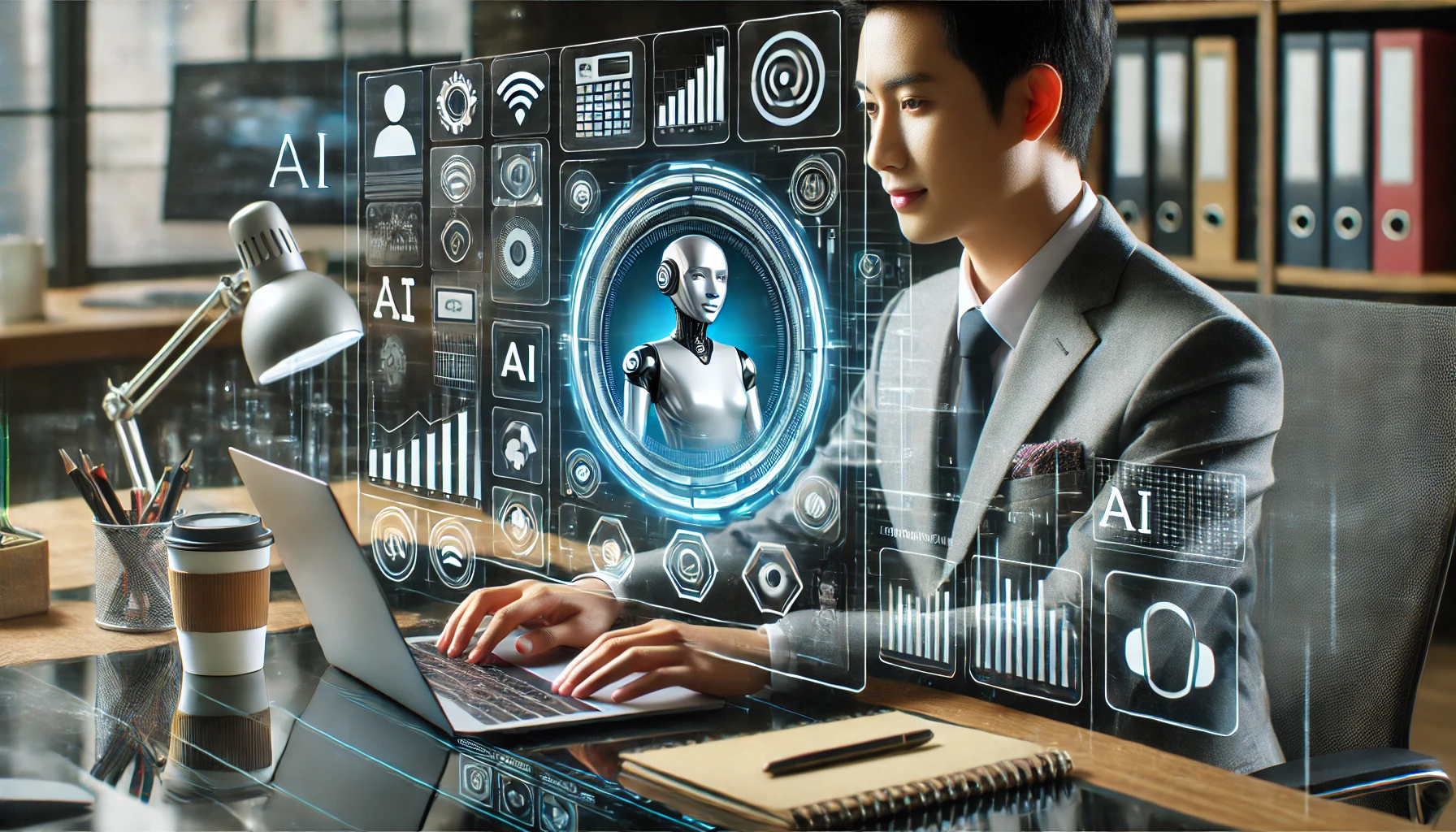 Seorang profesional di kantor futuristik yang rapi, sedang menggunakan asisten virtual AI di laptopnya