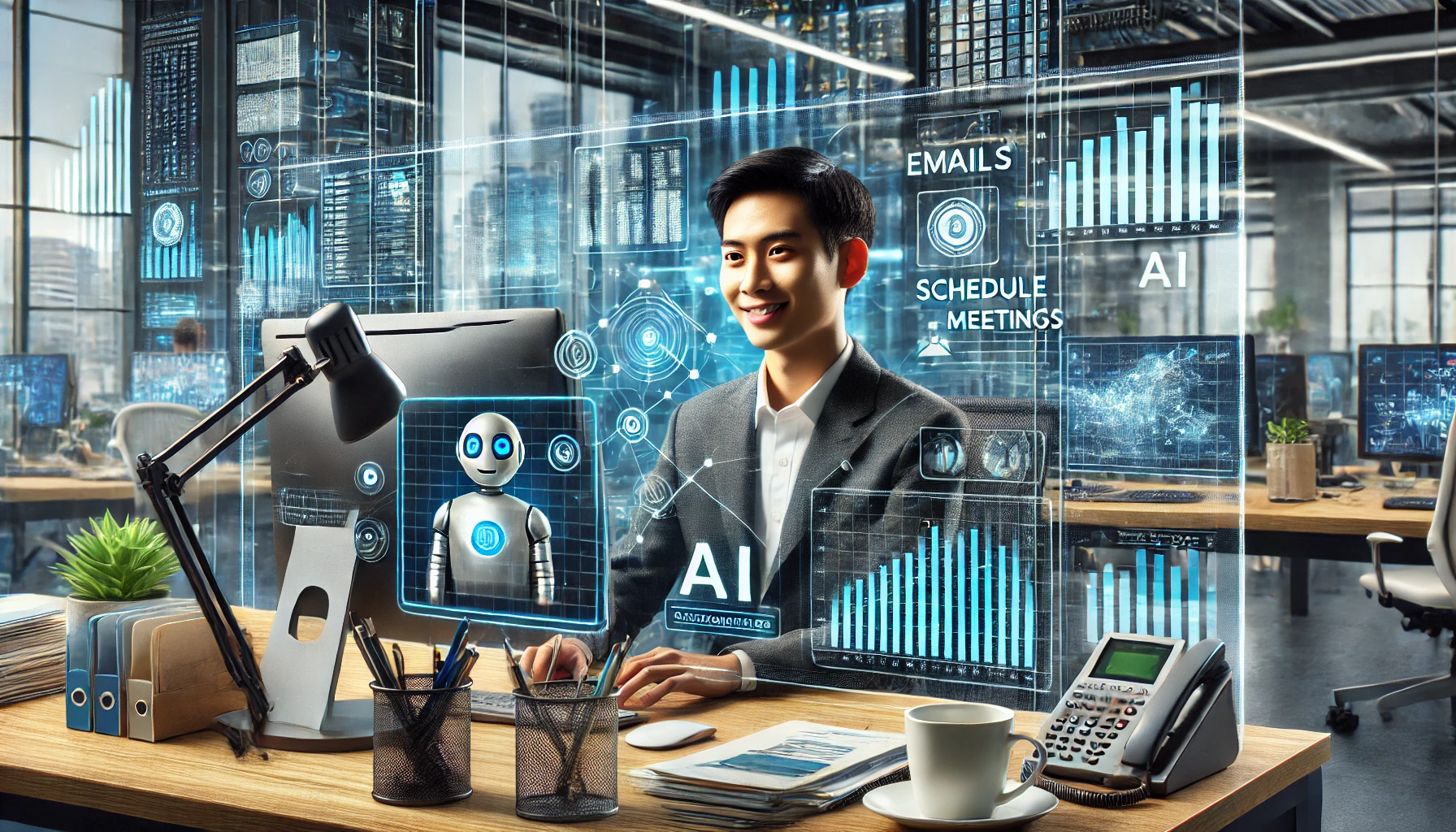 Seorang profesional di kantor futuristik yang tetap tenang berkat bantuan AI, dengan suasana kerja yang produktif dan teknologi canggih