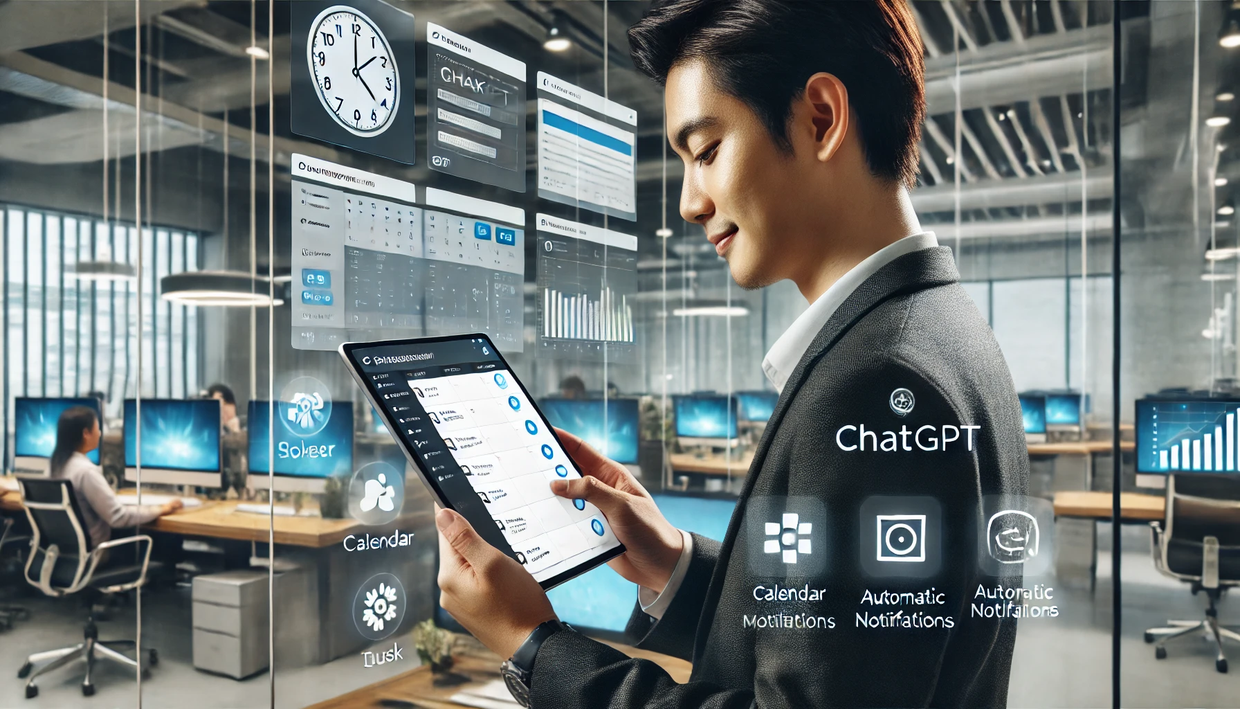 Seorang profesional muda dari Indonesia yang sedang menggunakan tablet di tempat kerja dengan ChatGPT
