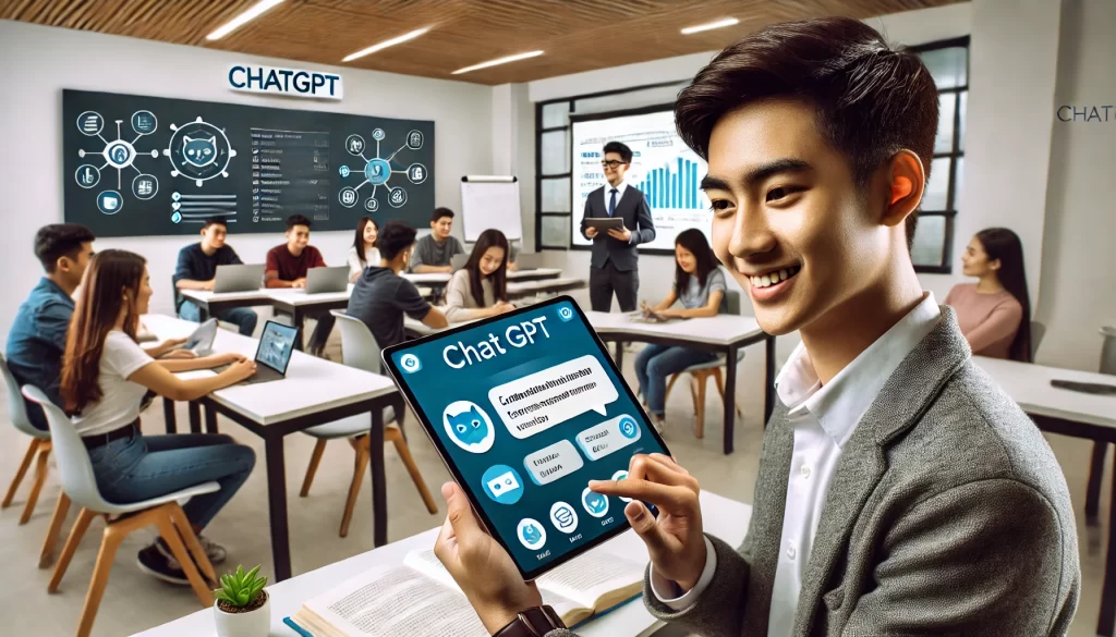 Seorang siswa asli Indonesia sedang menggunakan ChatGPT di tablet atau laptop di ruang kelas modern