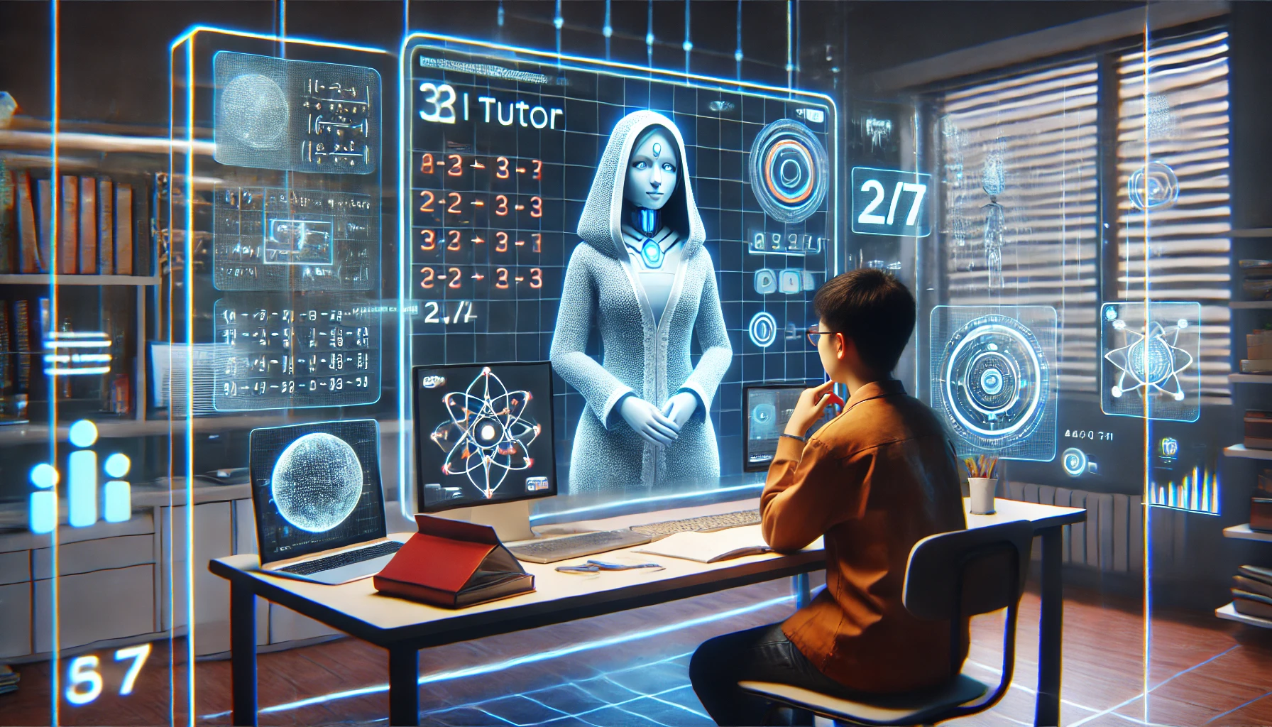 Seorang siswa berinteraksi dengan AI Tutor Online di ruang kerja virtual dengan tampilan hologram