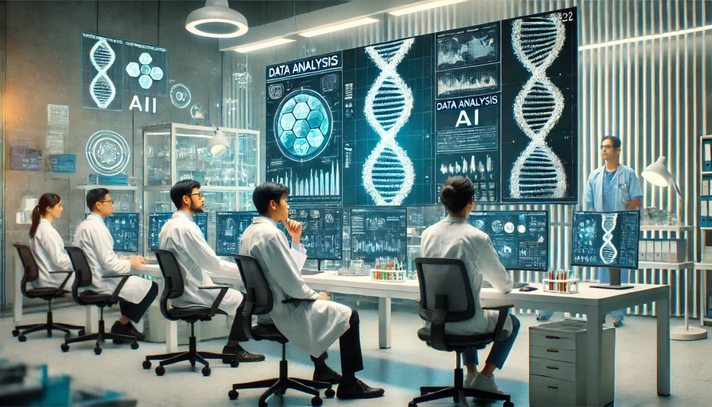 Tim peneliti medis yang sedang bekerja sama di laboratorium, menggunakan AI untuk menganalisis sampel genetik, dengan nuansa futuristik dan dinamis di sekitarnya