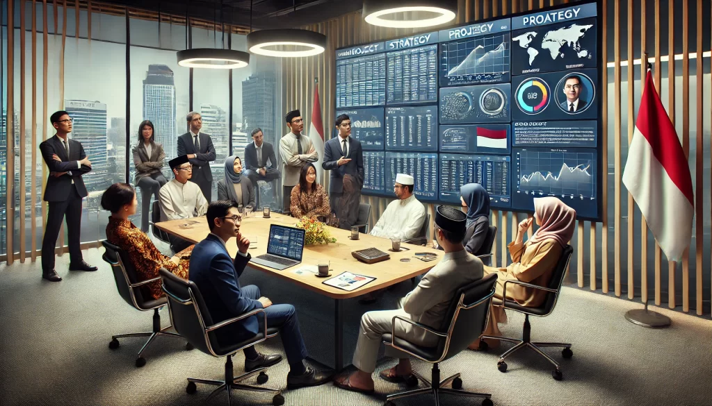 Tim proyek dari Indonesia sedang berkumpul di sekitar meja, mendiskusikan strategi dengan bantuan ChatGPT