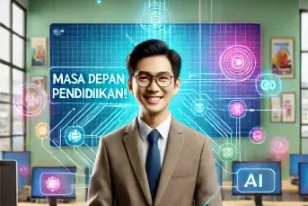 1. Seorang guru Indonesia di ruang kelas modern dengan teknologi canggih