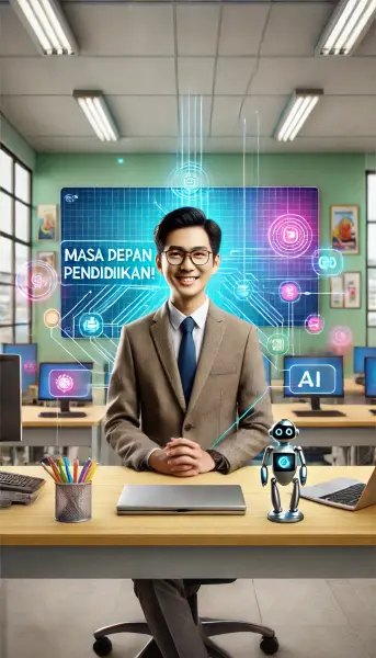 1. Seorang guru Indonesia di ruang kelas modern dengan teknologi canggih