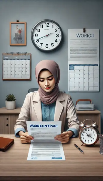 1. Seorang profesional yang duduk di meja kerja, memeriksa dokumen kontrak kerja