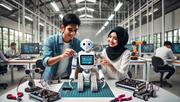 2. Seorang pelajar laki-laki dan perempuan sedang berkolaborasi untuk merakit robot AI di ruang laboratorium modern