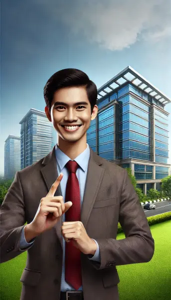 3. Seorang di depan gedung perusahaan dengan jari telunjuk simbol stabilitas