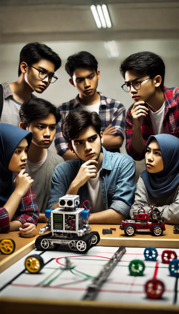 4. Mendiskusikan strategi di depan robot mereka yang terjebak