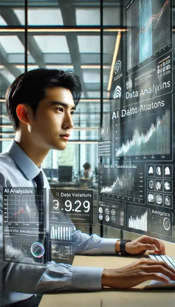 4. Seorang analis data Indonesia yang memeriksa grafik dan data di layar besar