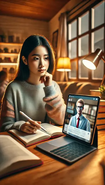 4. Seorang siswa yang sedang belajar di rumah dengan tutor virtual