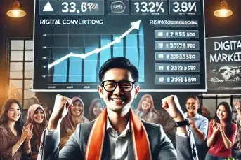 6. Layar menunjukkan peningkatan angka konversi, visual pelanggan yang puas