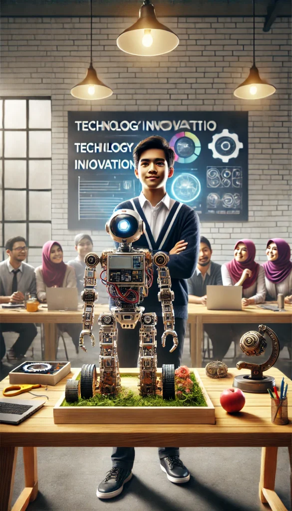 6. Siswa yang dengan bangga mempresentasikan robot inovatif