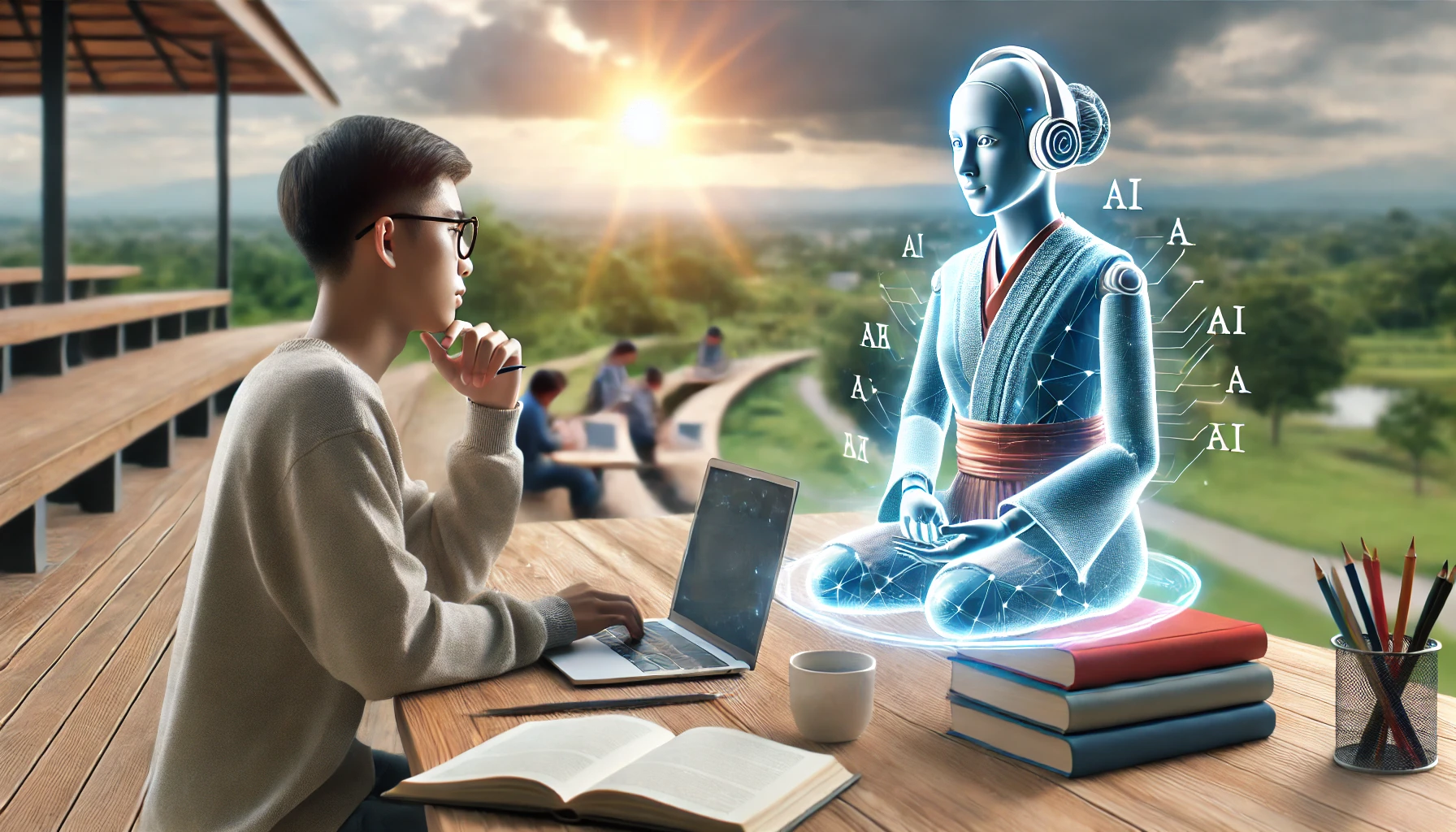 AI terlihat dalam bentuk hologram, memberikan petunjuk dan dukungan saat siswa bekerja di laptopnya