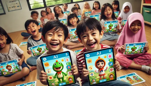 Anak-anak Indonesia usia 6-8 tahun bermain dengan antusias menggunakan aplikasi AI untuk belajar