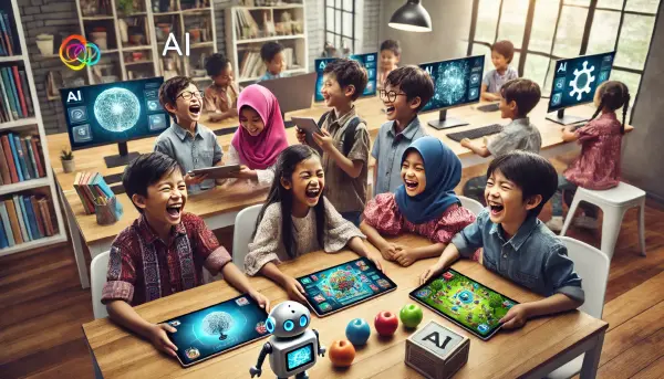 Anak-anak dari berbagai latar belakang etnis di Indonesia yang sedang bermain game edukasi AI bersama-sama