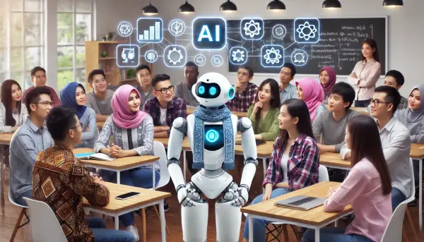 Chatbot AI dalam bentuk robot ramah yang berbicara dengan sekelompok orang asal Indonesia dari berbagai usia