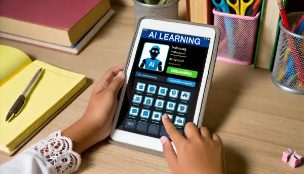 Close-up tangan seorang pengguna asal Indonesia yang sedang mengoperasikan aplikasi pembelajaran AI di tablet